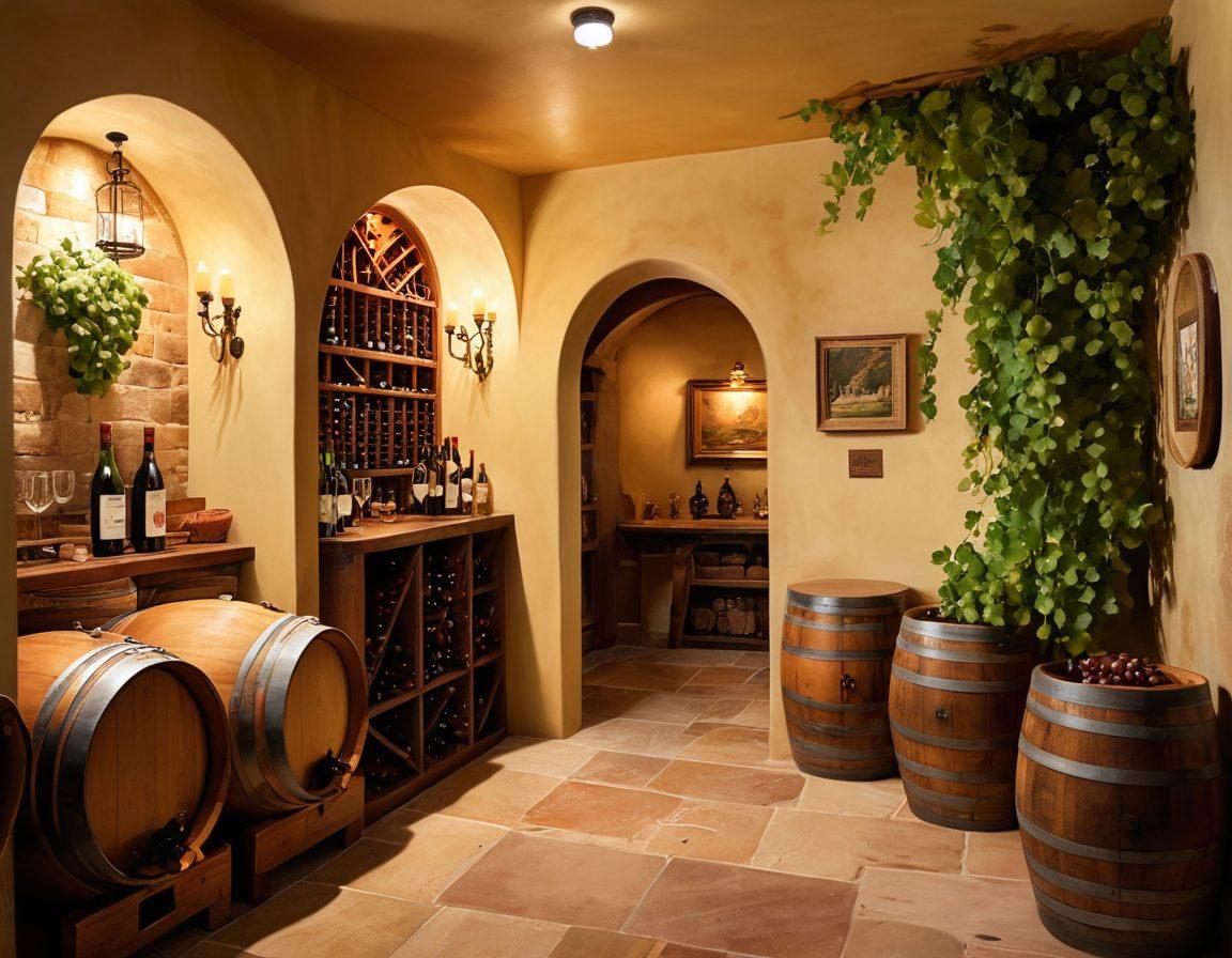 A beautifully styled wine cellar overflowing with grapes and wine bottles, transitioning into an art gallery showcasing wine-inspired paintings. Include elegant wooden barrels and cascading vines. Soft golden light illuminating the space to enhance the ambiance of culture and creativity. wine-themed art pieces intermixed with rich textures. vibrant colors. super-realistic.