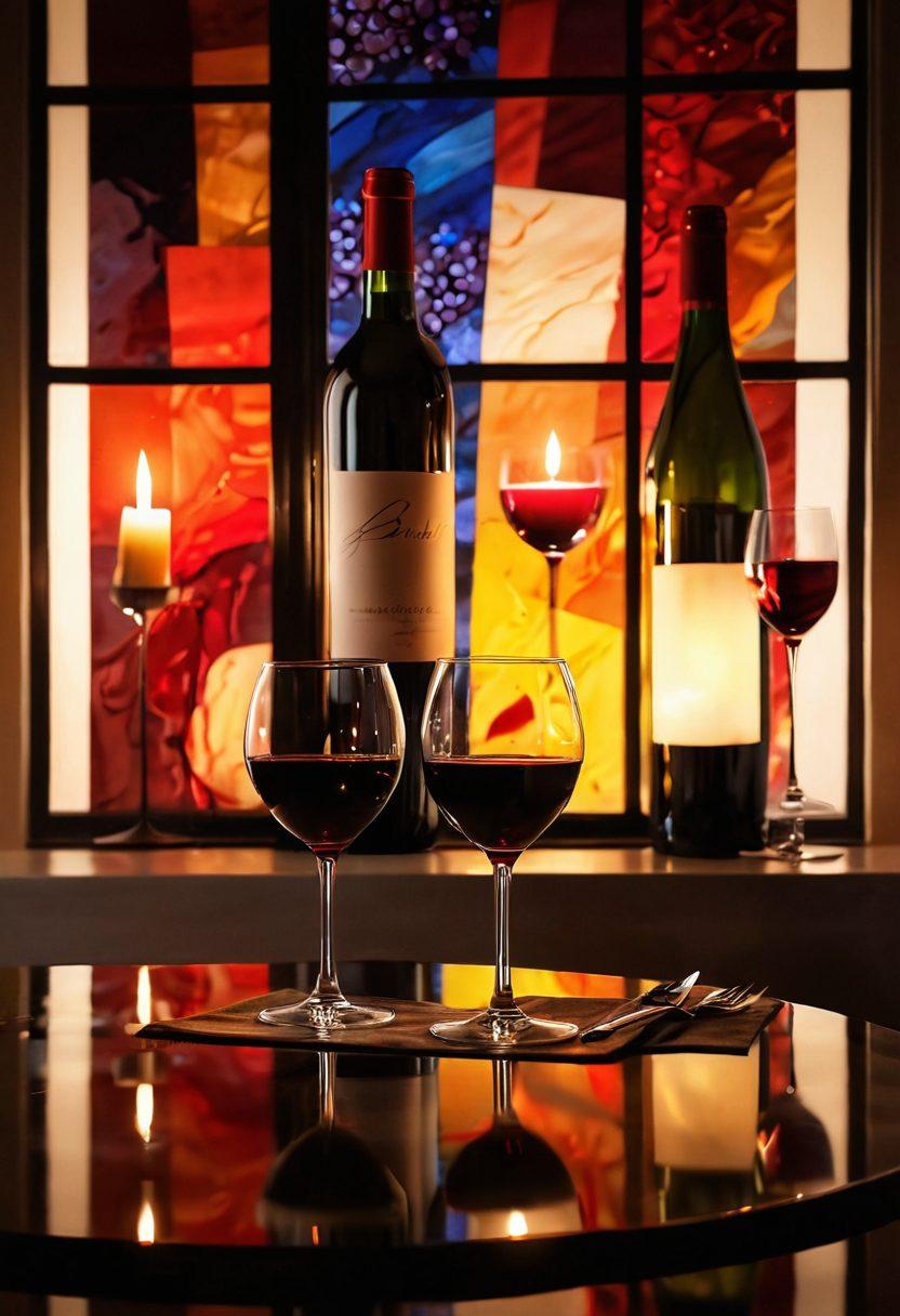 An elegant dining table set with exquisite wine glasses reflecting soft candlelight, surrounded by vibrant, abstract artworks on the walls. A bottle of fine red wine being poured into a glass, with a backdrop of lush grapevines visible through a window, merging the worlds of art and wine culture. super-realistic. warm colors. cozy ambiance.
