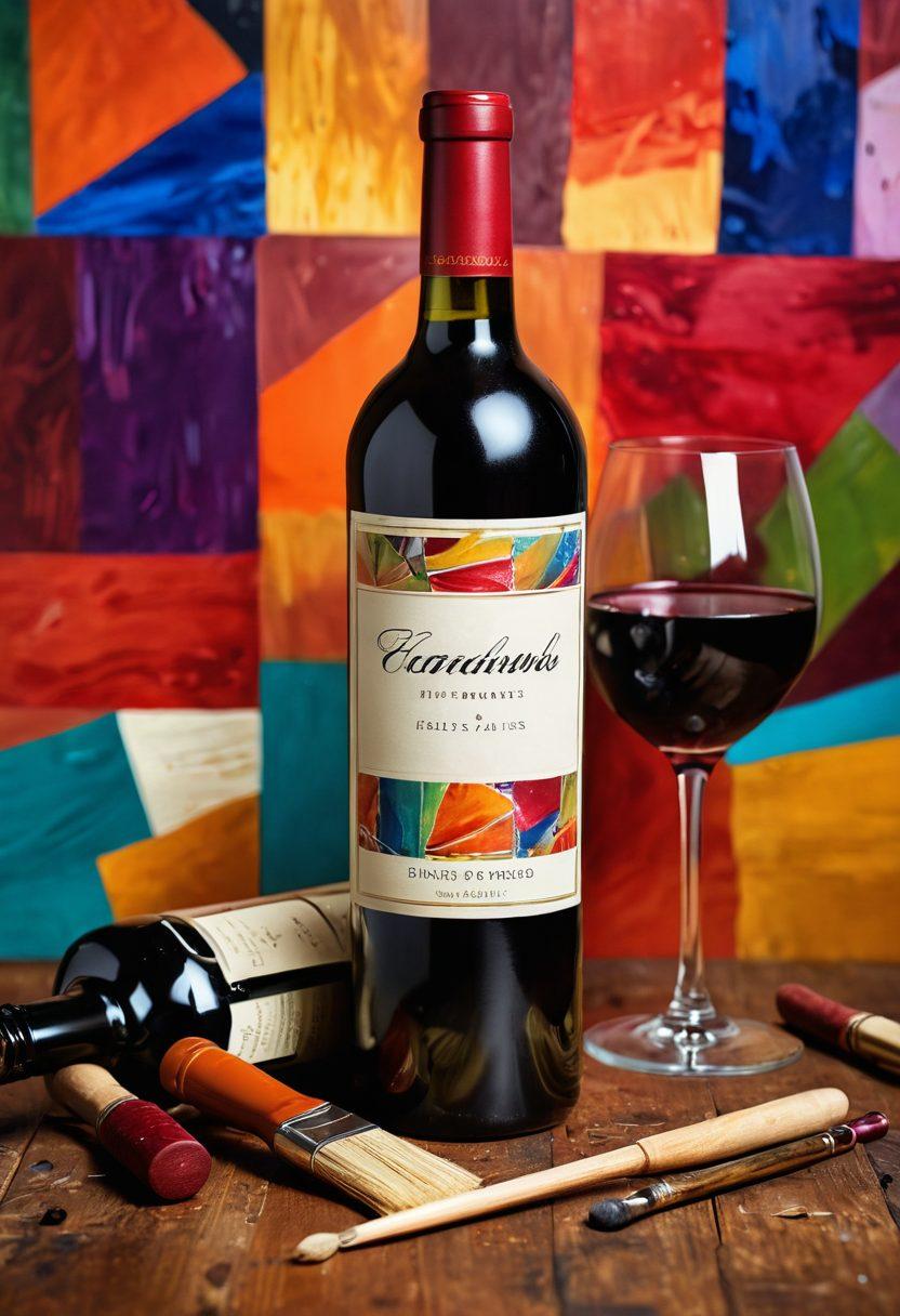 A vintage wine bottle with an intricately detailed label lies on a wooden table, surrounded by vibrant, abstract art pieces that reflect the colors of wine. Paintbrushes and a palette are scattered nearby, hinting at the connection between fine art and wine. Soft lighting illuminates the scene, creating an inviting atmosphere. super-realistic. vibrant colors. warm lighting.